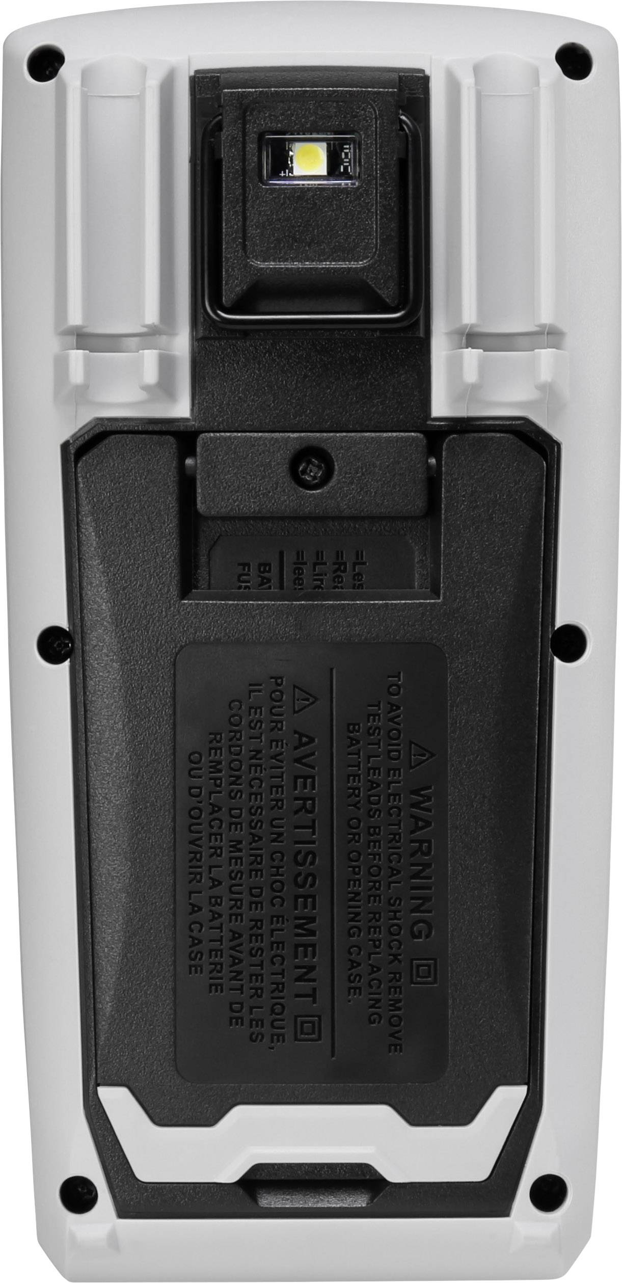 Rückansicht eines tragbaren Handgeräts mit einer kleinen LED-Leuchte oben und Sicherheitswarnungen auf der Rückseite.