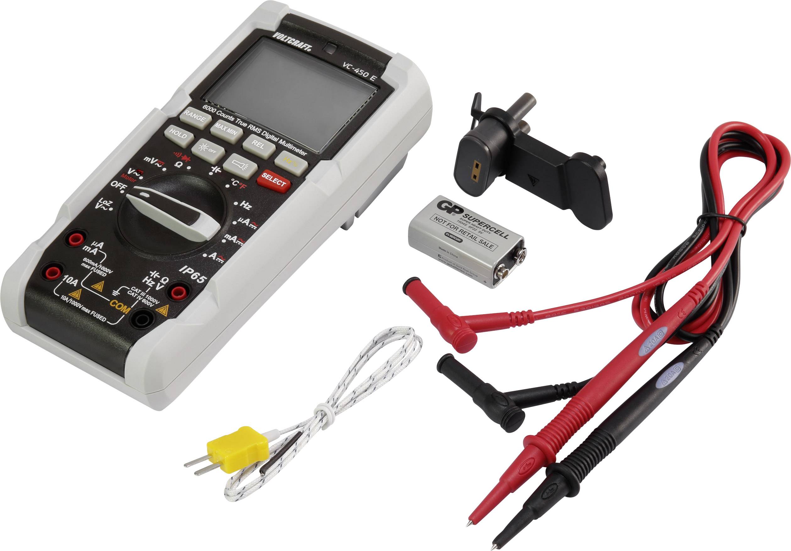 Ein digitales Multimeter mit Messleitungen, einem Thermocouple-Adapter und einer 9V-Batterie für elektrische Messungen.