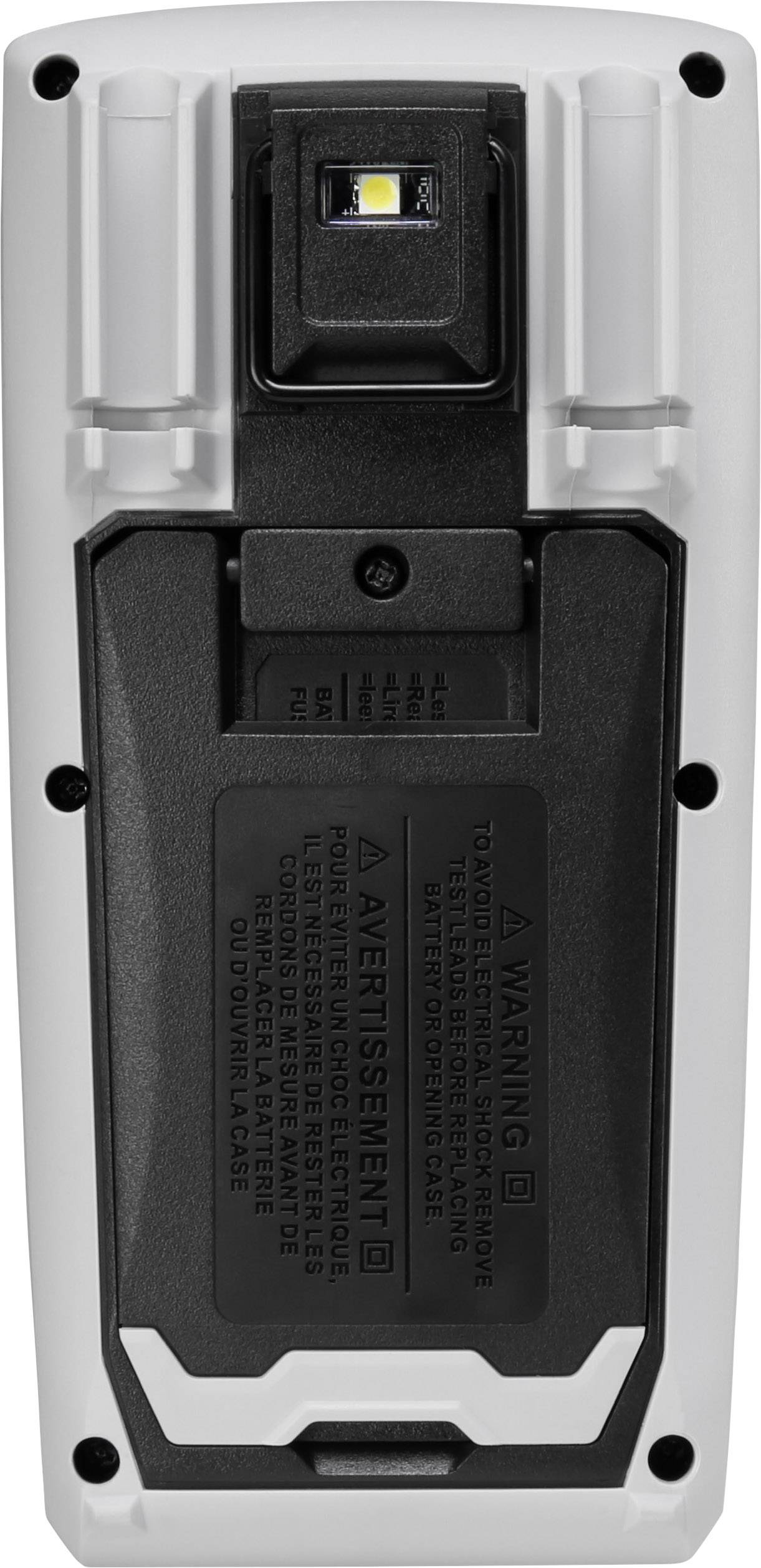 Rückansicht eines elektrischen Geräts mit Warnhinweisen und einer LED am oberen Ende, umgeben von einem Gehäuse mit Schrauben.