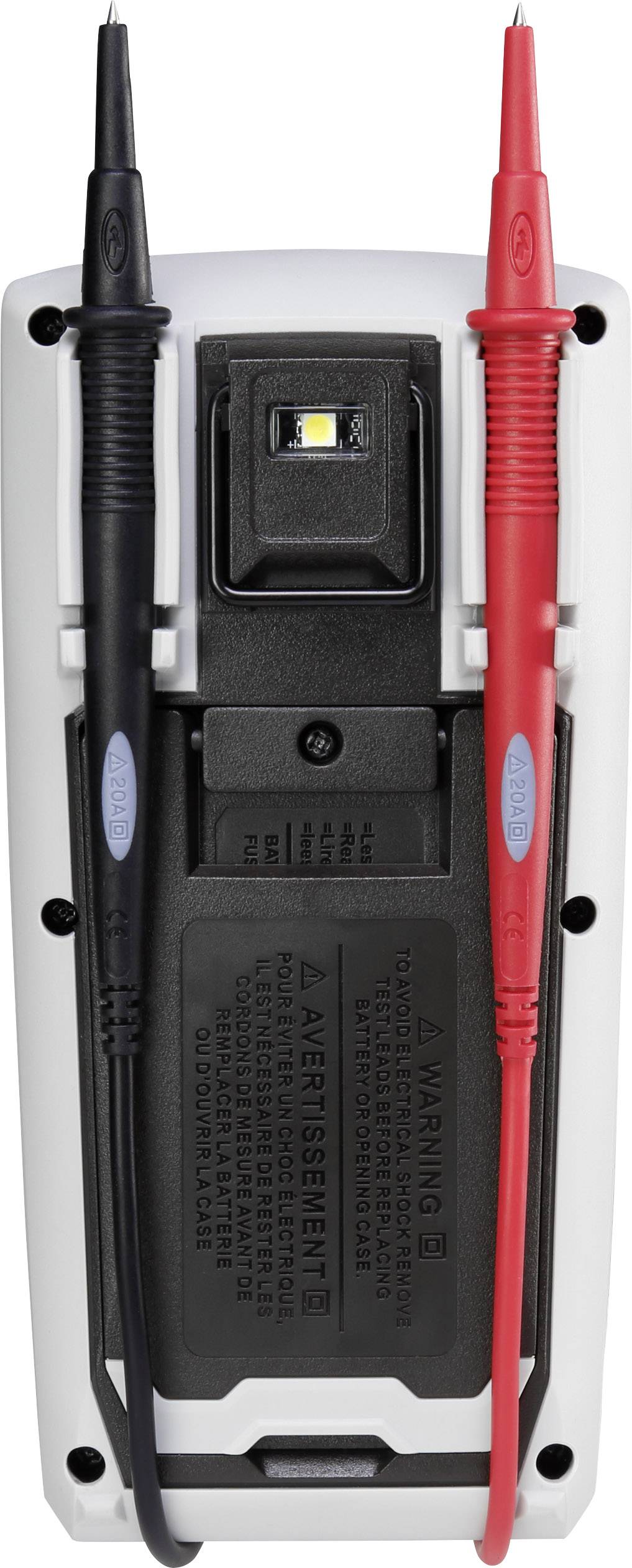 Multimeter mit schwarzen und roten Prüfspitzen zeigt Rückseite mit Batteriefach und LED-Lampe.