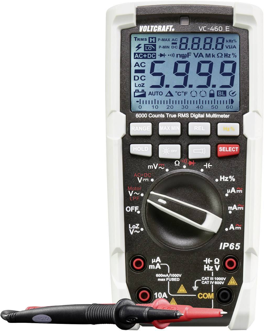 Ein digitales Multimeter mit Displayanzeige. Zeigt verschiedene Messgrößen wie Spannung und Strom. Markenname oben, Messleitungen unten.