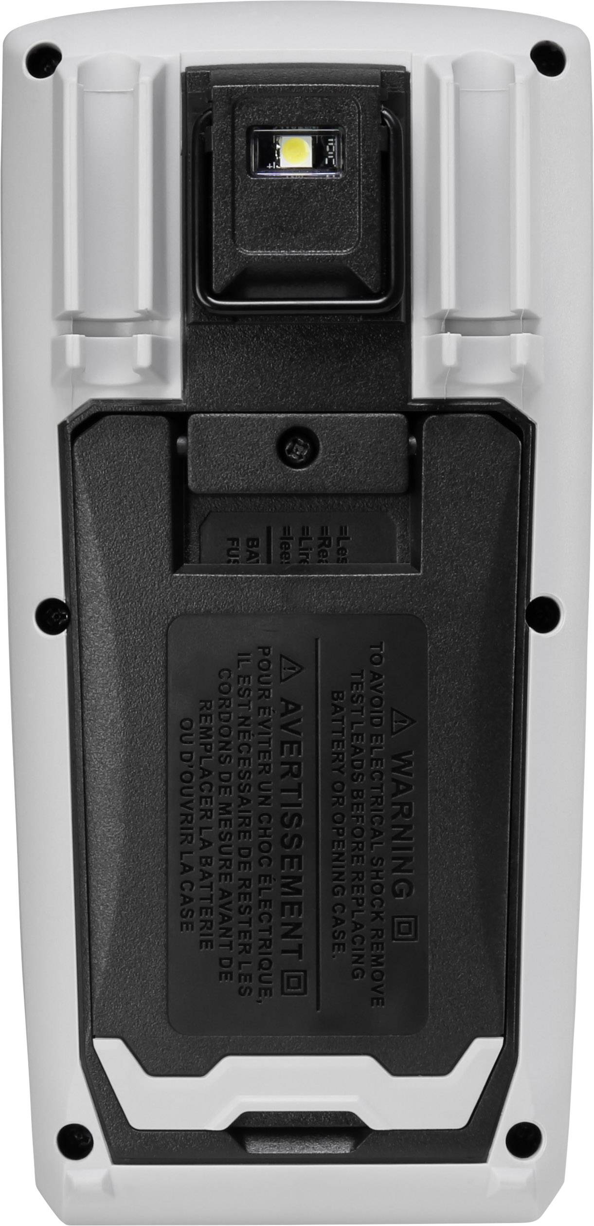 Ein tragbares Gerät, wahrscheinlich ein Scanner oder ein Handgerät, mit einem Bedienfeld und Warnhinweisen auf der Rückseite.