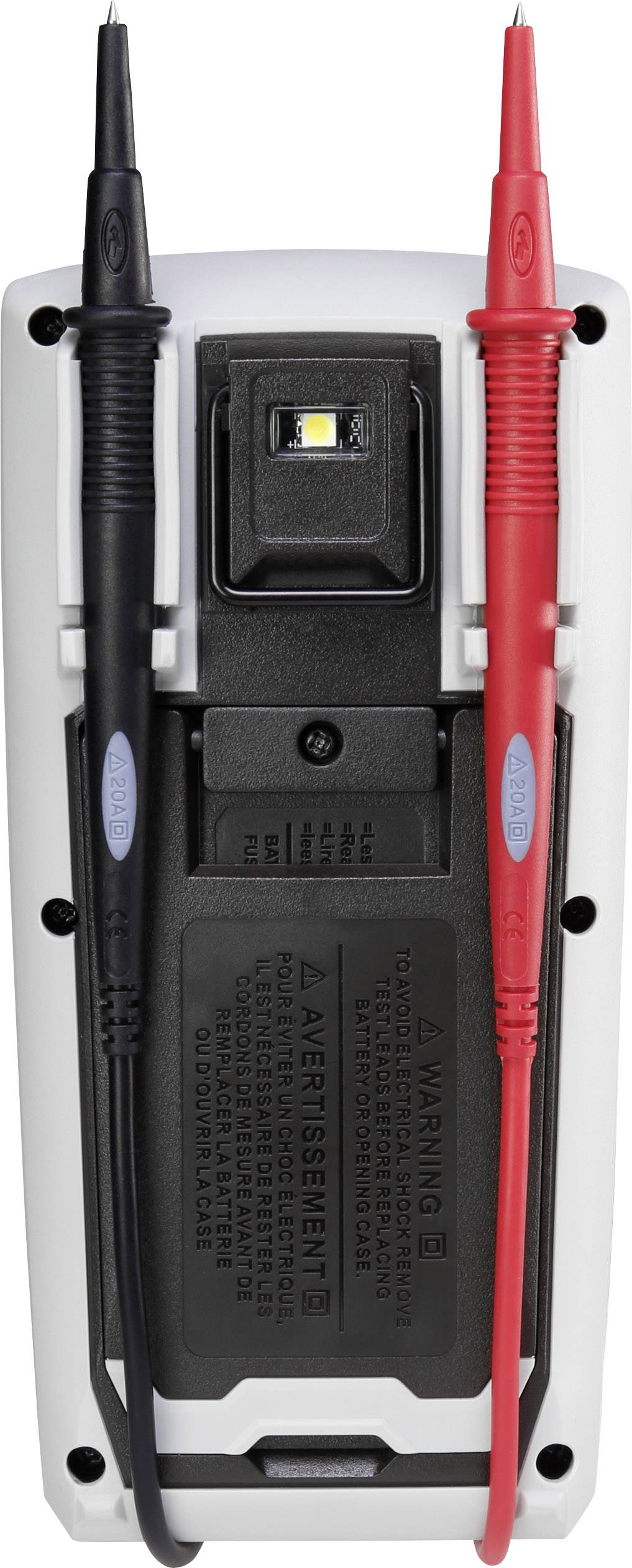 Ein multimeter mit zwei angeschlossenen Messleitungen, einer schwarzen und einer roten.