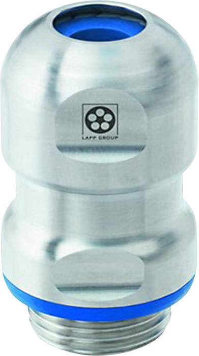 Ein Edelstahl-Kabelverschraubung mit blauem Dichtungsring, geeignet für sichere Kabelverbindungen in industriellen Anwendungen.
