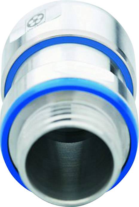 Metall-Steckverbinder mit blauen Gummidichtungen, zylindrisch, hochglänzend, für industrielle Rohrsysteme geeignet.