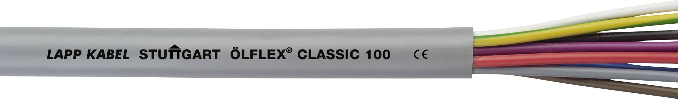 Graues Kabel mit der Aufschrift 'LAPP KABEL STUTTGART ÖLFLEX CLASSIC 100 CE'. Mehrfarbige Drähte ragen auf der rechten Seite heraus.