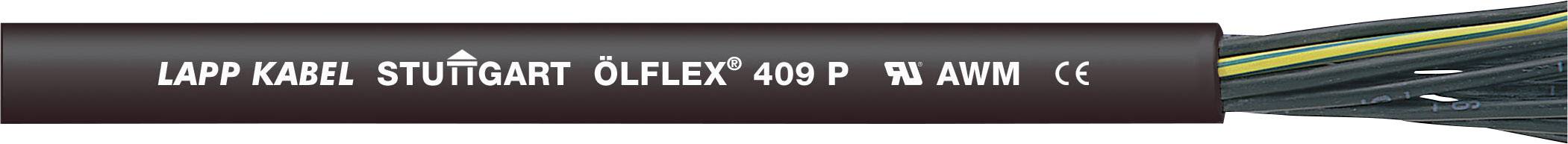 Schwarzes Kabel mit weißer Aufschrift 'LAPP KABEL STUTTGART ÖLFLEX 409 P' und mehrfarbigen Drähten, geeignet für industrielle Anwendungen.