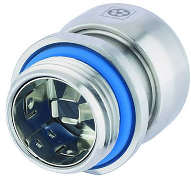 Ein silberner Stecker mit blauer Dichtung, geeignet für industrielle Anwendungen.