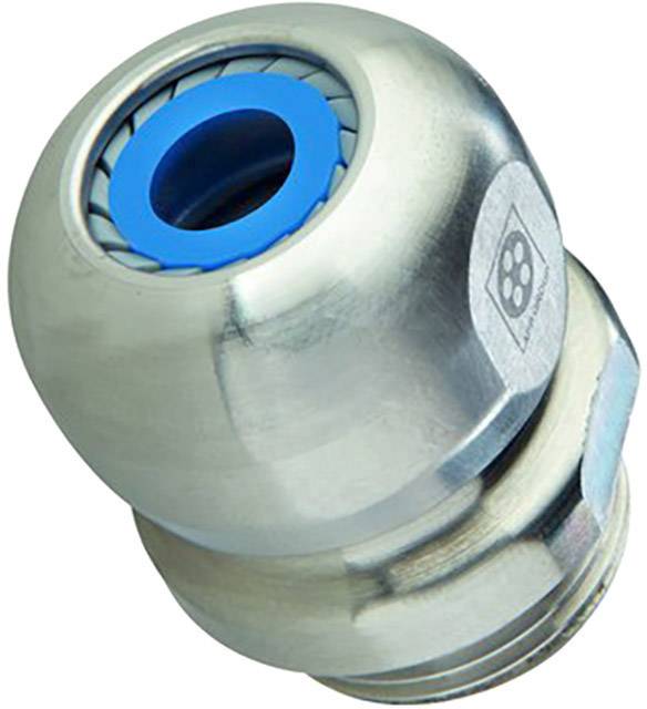 Metallische Kabelverschraubung mit blauer Dichtung, verwendet zur sicheren Einführung und Abdichtung von Kabeln in Gehäusen.