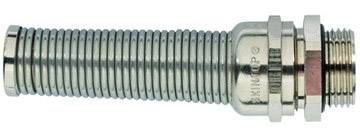 Ein metallischer Wellschlauch mit Verschraubung und Gewinde, geeignet für flexible Verbindungen in Rohrleitungssystemen.
