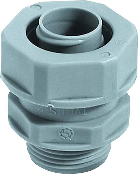 Graues Kabelverschraubungselement mit Gewinde, bestehend aus mehreren Teilen zur Sicherung und Abdichtung von Kabeln.