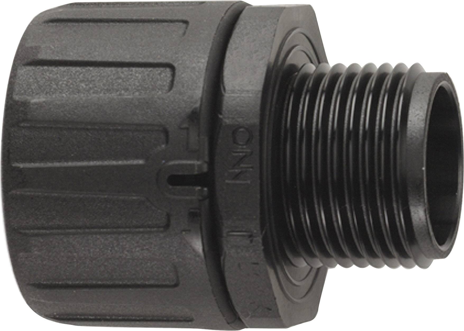 Schwarzer Anschlussadapter mit gerilltem Gewinde auf der rechten Seite, zylindrischer Form. Verwendet zur Verbindung von Rohren.