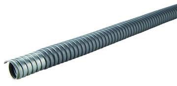 Graues, spiralförmiges Metallrohr, typischerweise verwendet für Kabelschutz oder flexible Verbindungen in Installationen.