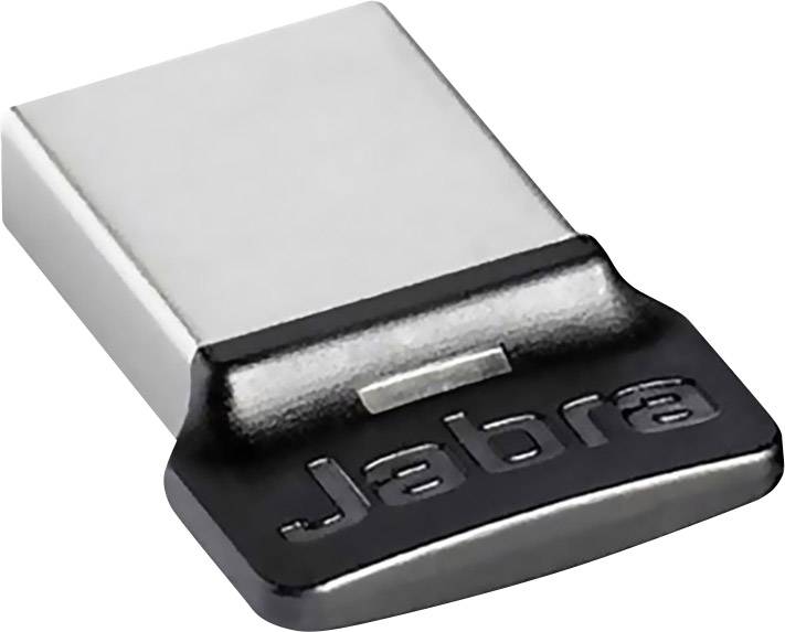 Ein schwarzer USB-Dongle mit 'Jabra'-Logo, zum Verbinden von Bluetooth-Geräten mit einem Computer.
