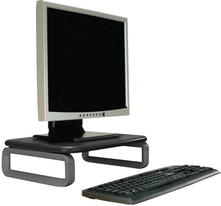 Ein Computerbildschirm auf einem Monitorständer mit einer Tastatur davor.