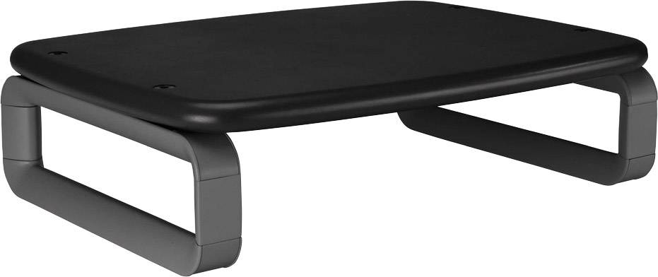 Schwarzer Monitorständer mit gebogenen, grauen Beinen. Erhöht den Monitor für bessere Ergonomie. Minimalistisches Design.
