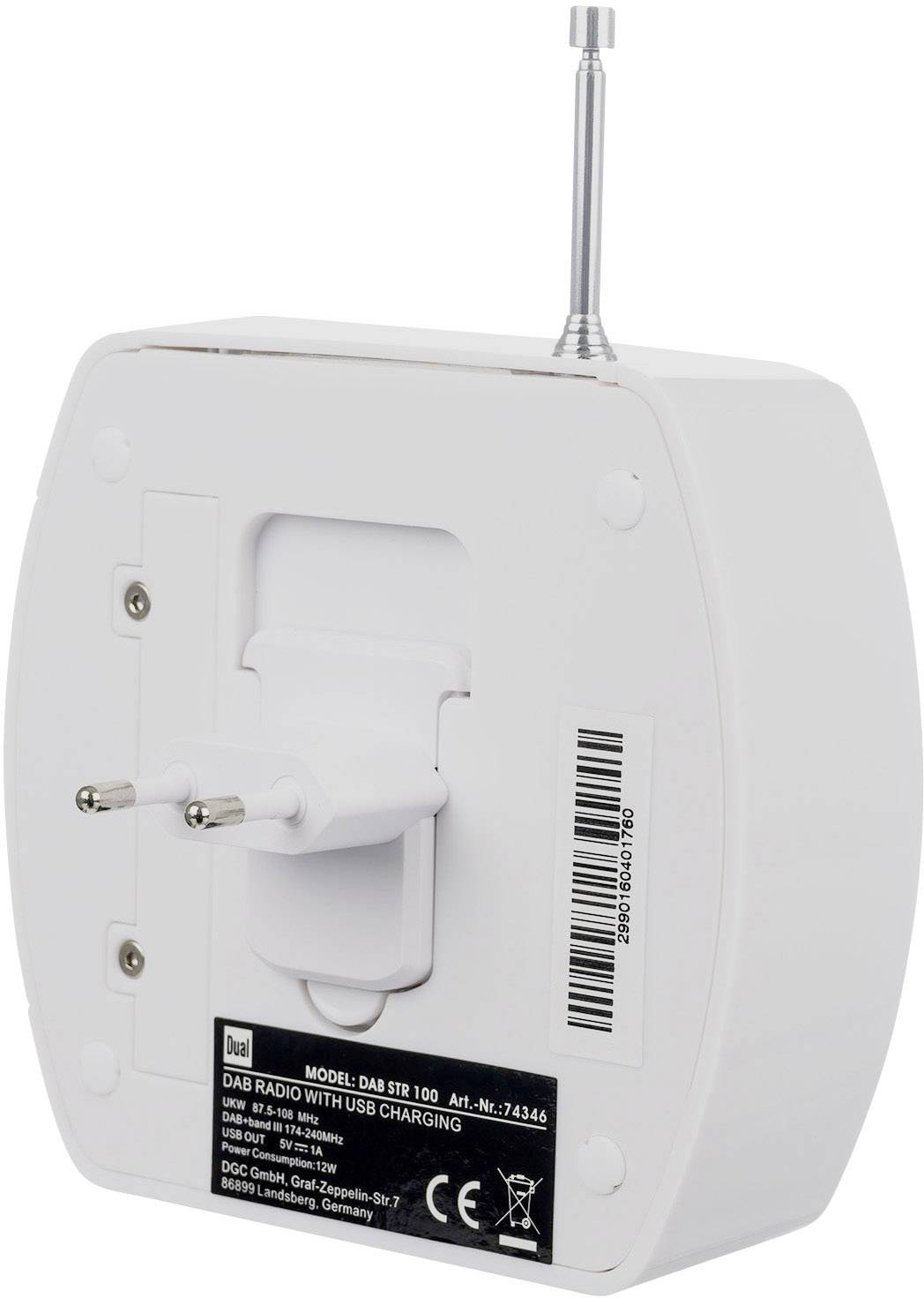 Dual STR 100 Steckdosenradio DAB+, UKW Bluetooth®, AUX Akku-Ladefunktion, wiederaufladbar Weiß