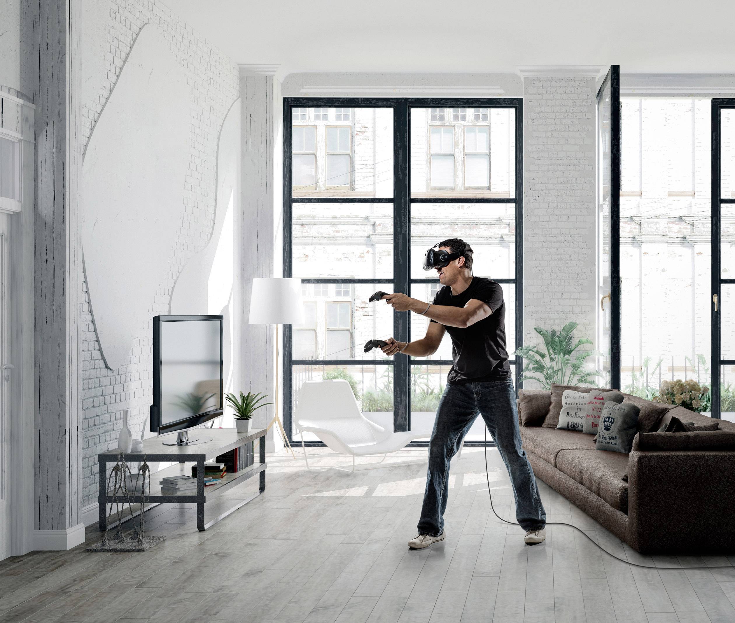 HTC Vive Virtual Reality Brille Schwarz inkl. Bewegungssensoren, inkl. Controller