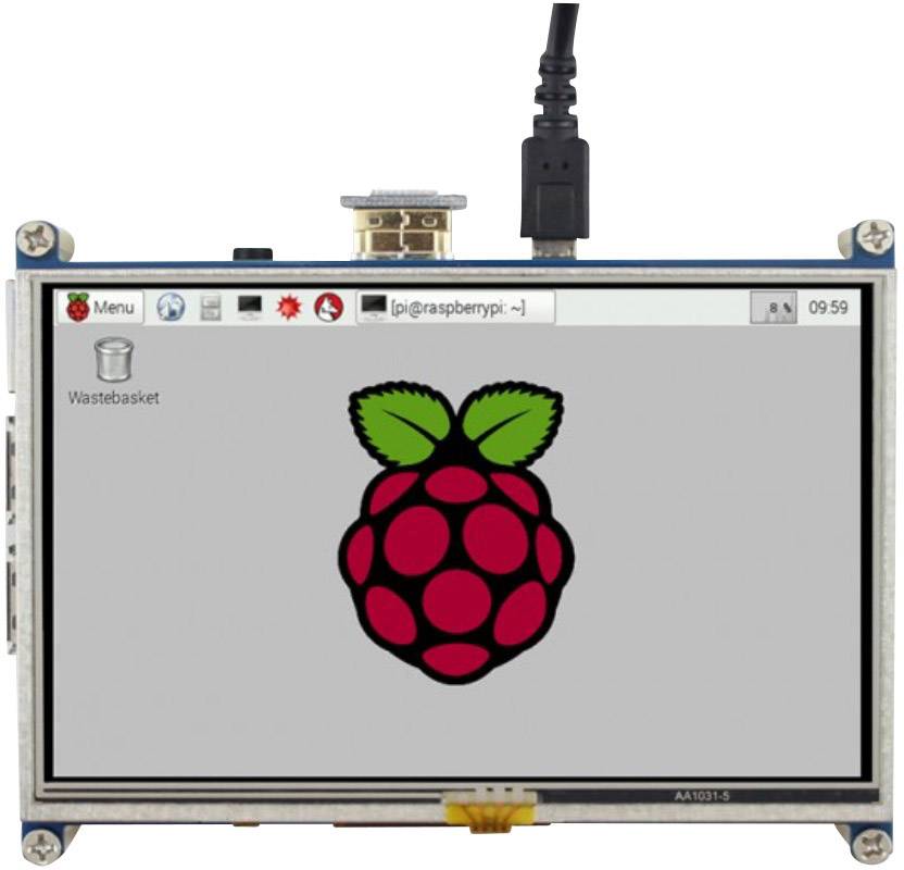 Bild eines kleinen Computerbildschirms mit Raspberry Pi-Logo in der Mitte. Oben sind Icons und die Uhrzeit angezeigt.