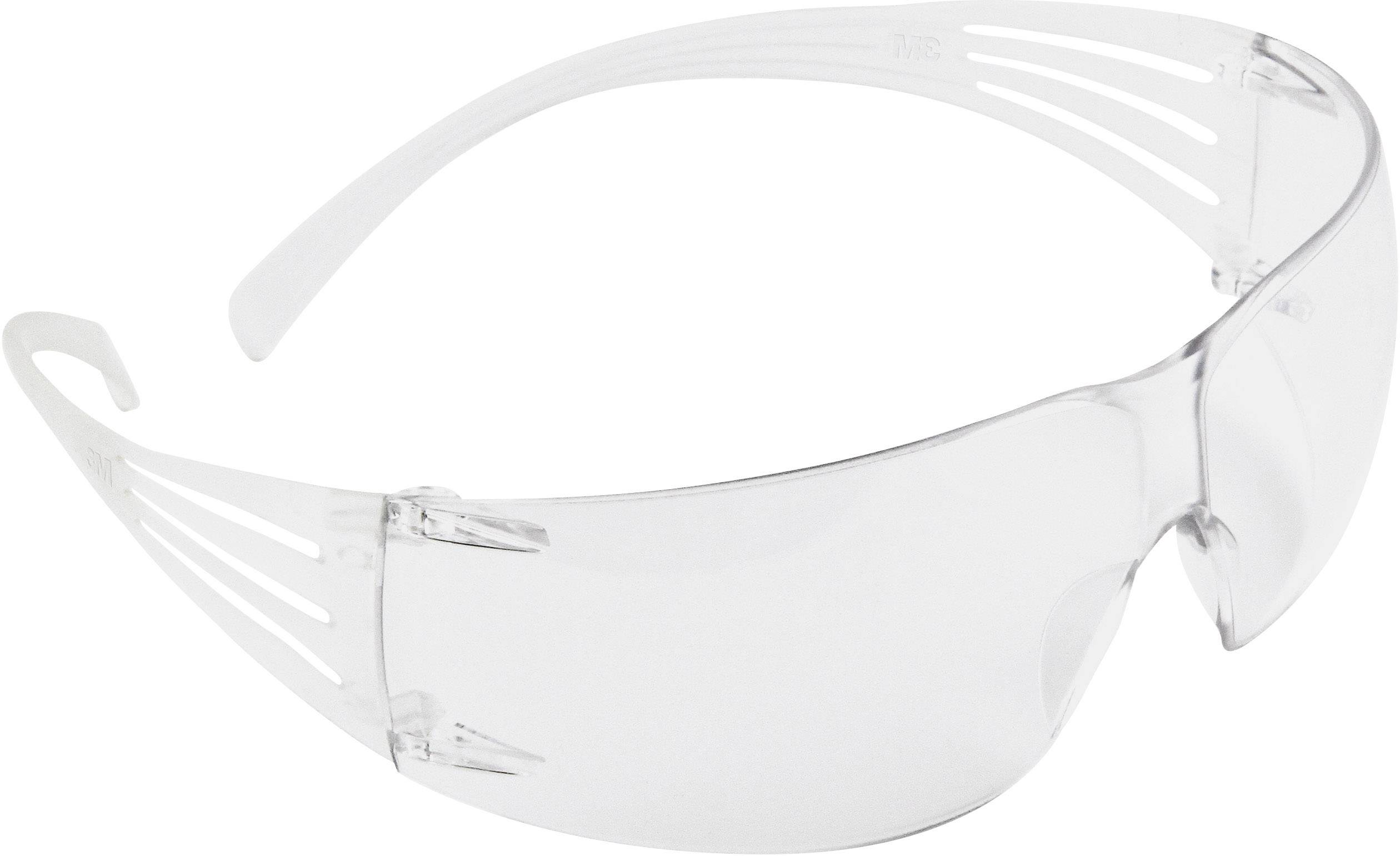 Schutzbrille aus transparentem Kunststoff, gebogene Gläser und Bügel für verbesserten Seitenschutz, ohne weitere dekorative Elemente.