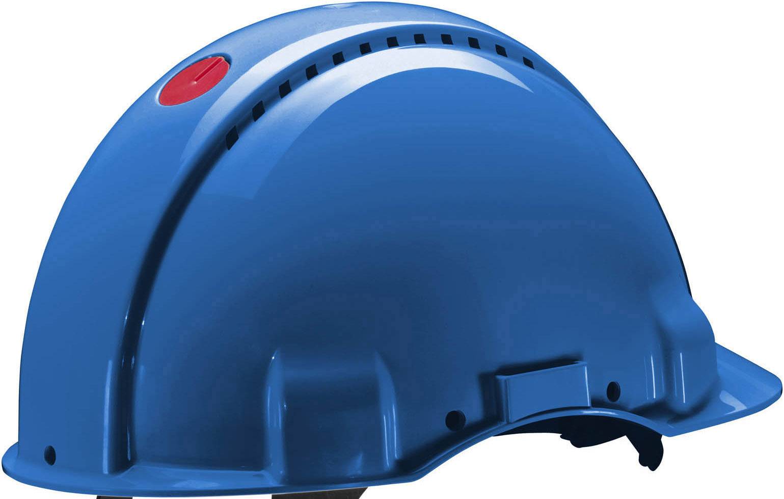 Blauer Schutzhelm mit rotem Knopf oben, symbolisiert Arbeitsschutz und Sicherheit am Arbeitsplatz.