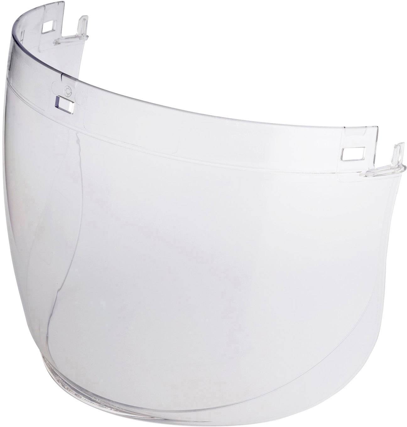 Ein transparentes, gebogenes Visier, passend für einen Helm. Es hat Befestigungspunkte oben zum Anbringen an Schutzausrüstung.