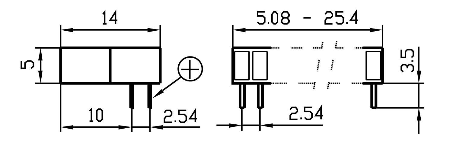 Technische Zeichnung eines elektrischen Steckverbinders mit Maßen: Breite 14 mm, Höhe 5 mm, Pin-Abstand 2,54 mm, Gesamtlänge 25,4 mm.