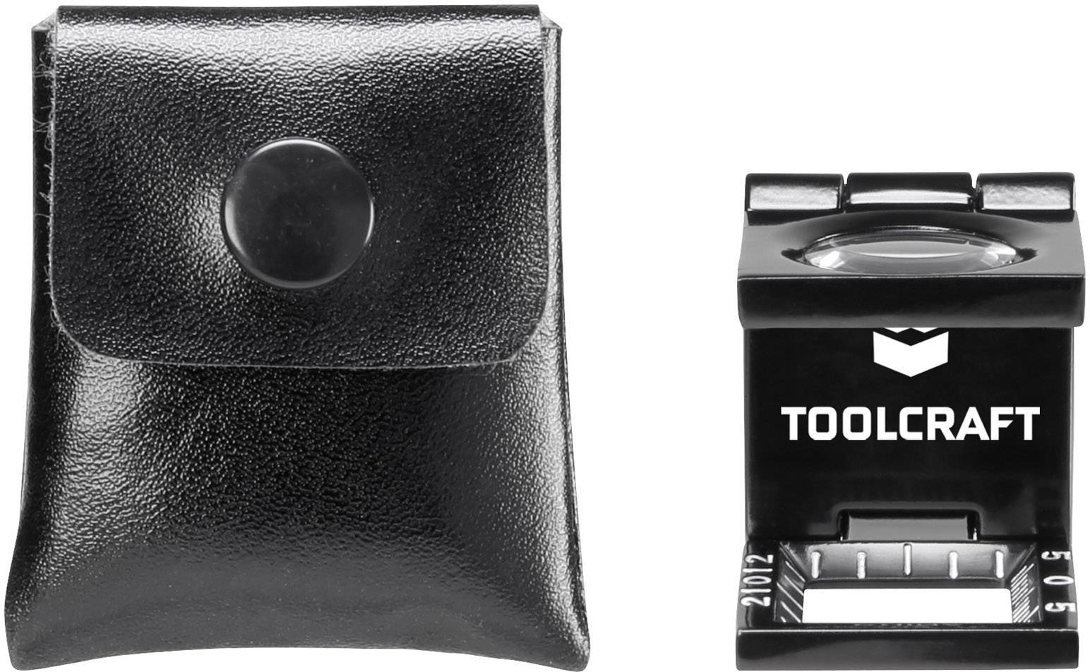 Schwarz glänzende Lupe mit faltbarem Metallgehäuse und dazu passender schwarzer Lederhülle, beide sind nebeneinander dargestellt.