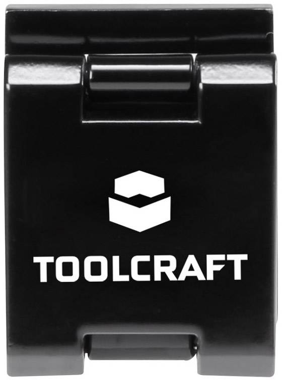Schwarze Kunststoffabdeckung mit weißem Logo der Marke 'TOOLCRAFT'.