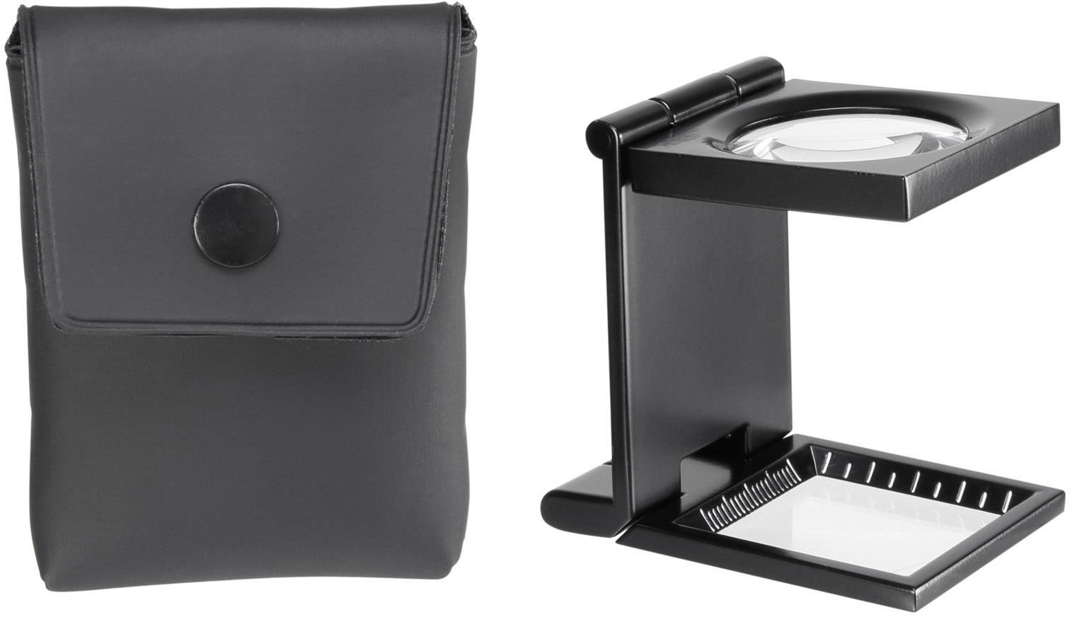 Auf dem Bild sind eine schwarze Lupe mit Faltmechanismus und eine dazu passende schwarze Tasche zu sehen.