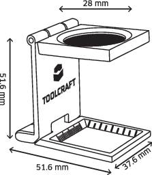 'Foldio' tragbare, zusammenklappbare Halterung: Maße 55,8 mm x 55,8 mm x 98 mm. Illustriert Faltmechanismus und kompakte Bauweise.