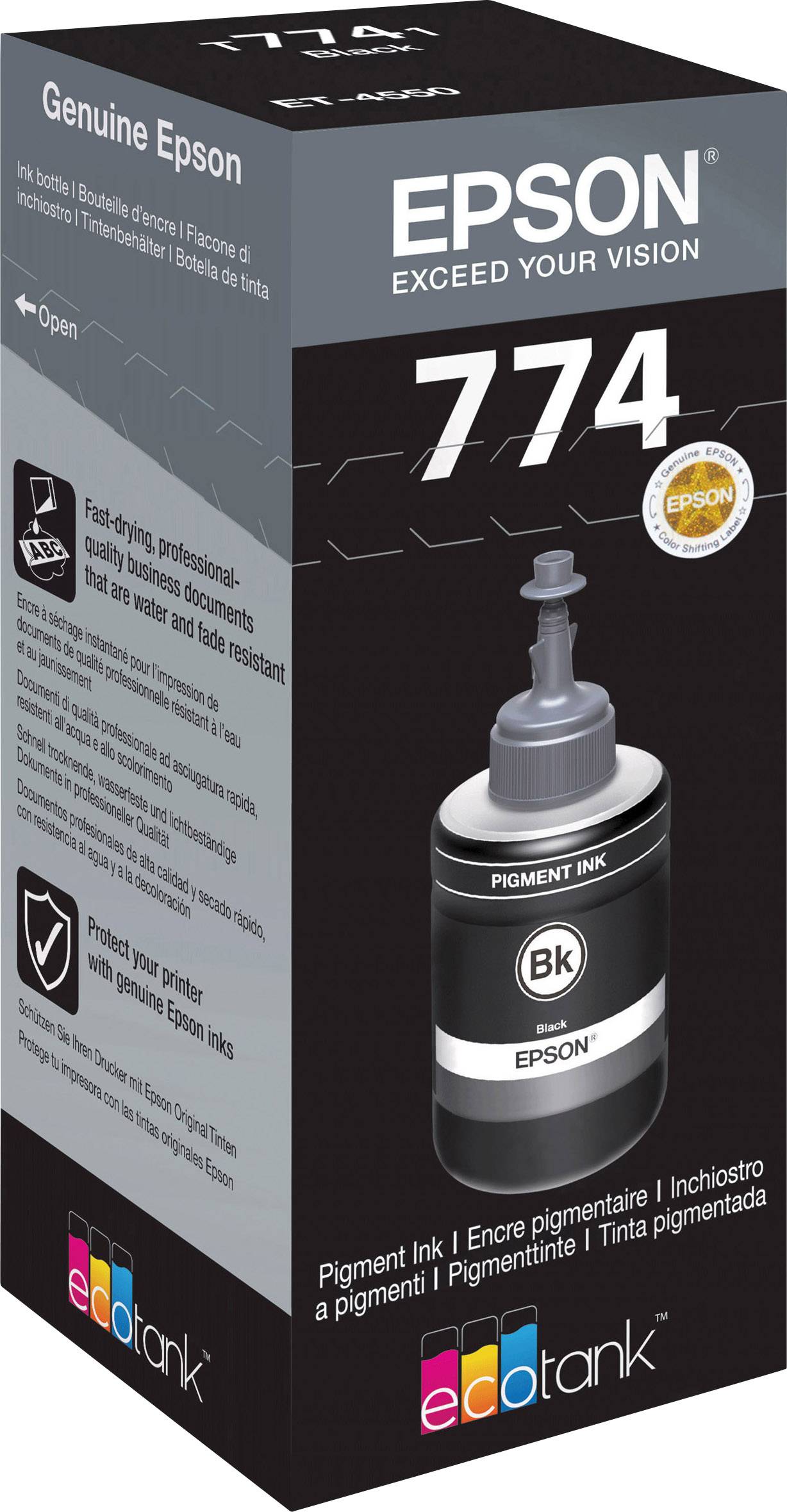 Eine schwarze Epson Tinte 774 Flasche für EcoTank-Drucker, geeignet für schnelles Trocknen und professionelle Qualität.