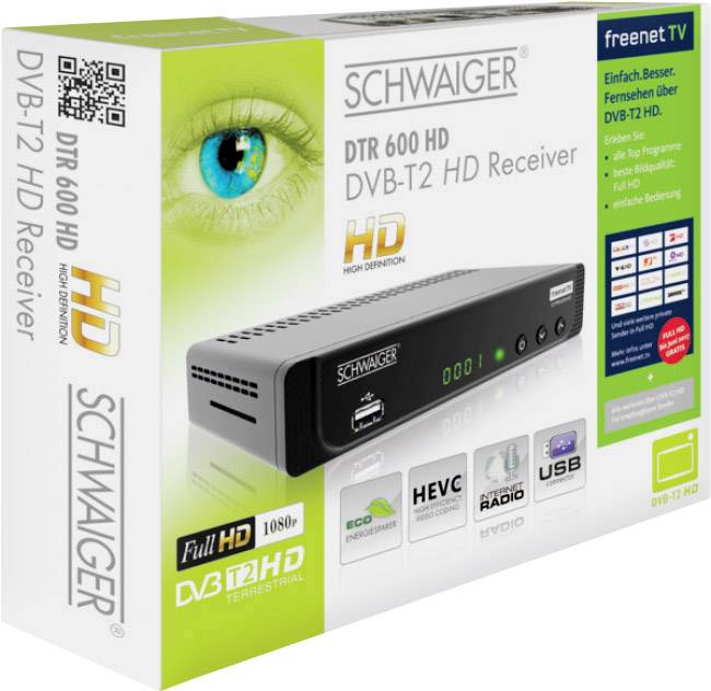 Schwaiger DTR600HD DVB-T2 Receiver freenet TV Entschlüsselung 3 Monate gratis, Deutscher DVB-T2 Standard (H.265), Front-USB
