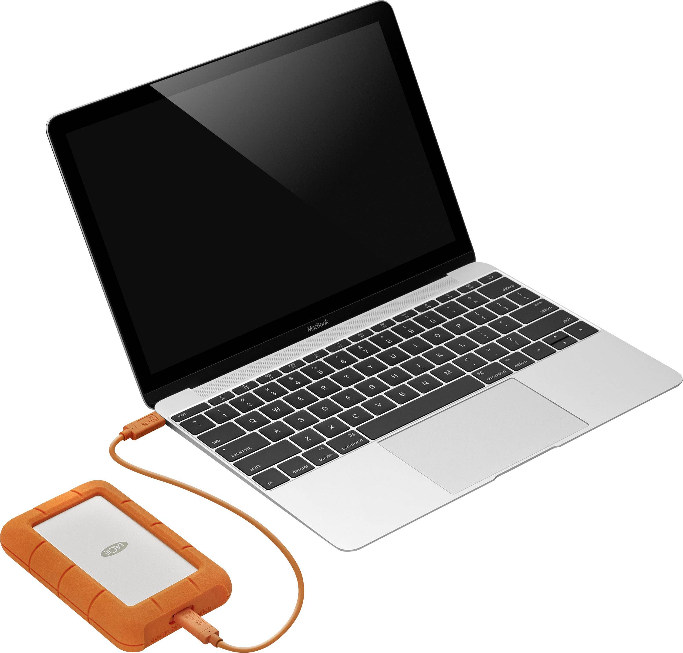 Ein Laptop mit einem angeschlossenen externen Laufwerk über ein orangefarbenes Kabel.
