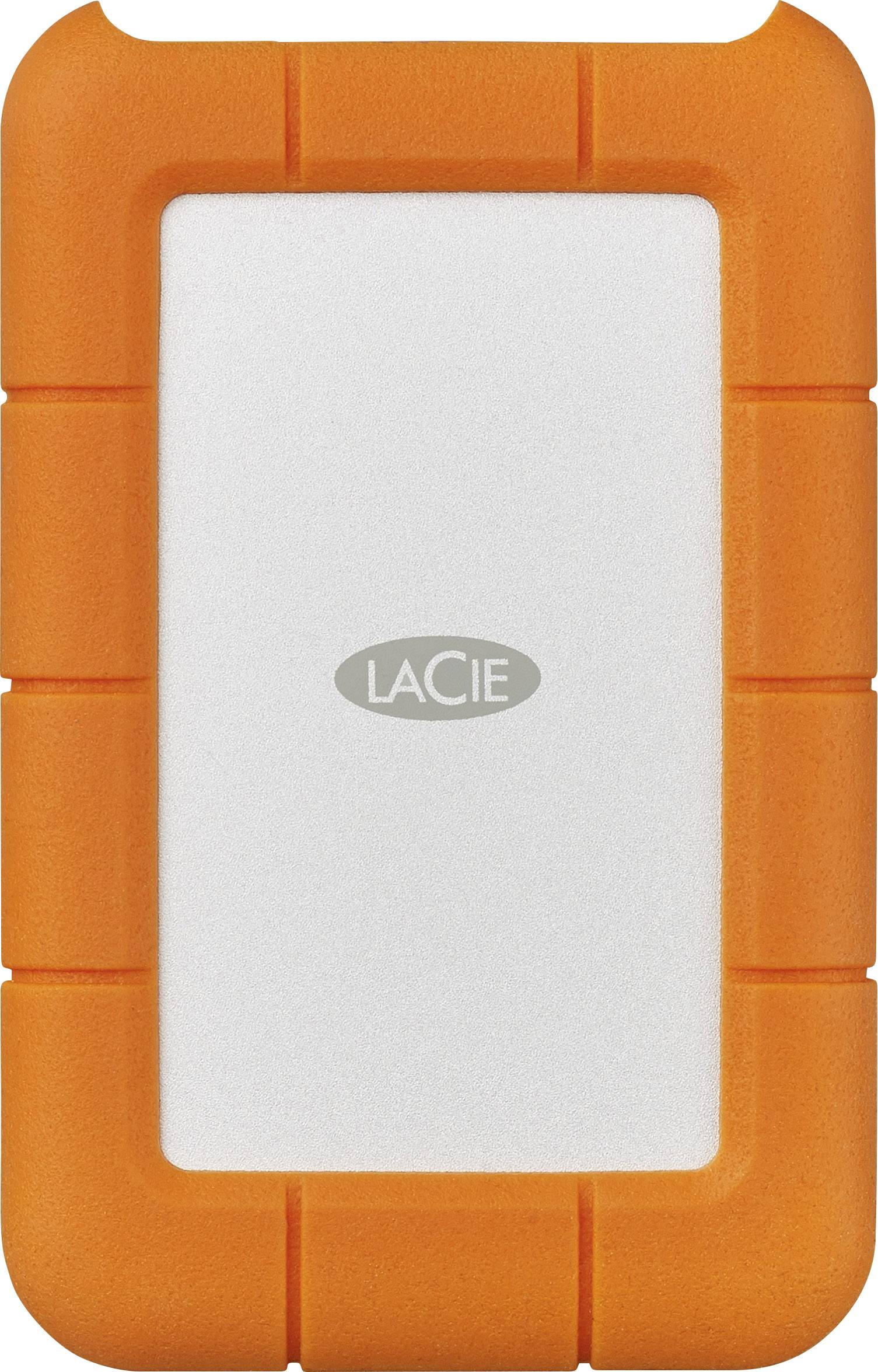 Externe Festplatte mit orangefarbenem Schutzgehäuse und weißer Vorderseite, Markenname 'LaCie' in der Mitte sichtbar.