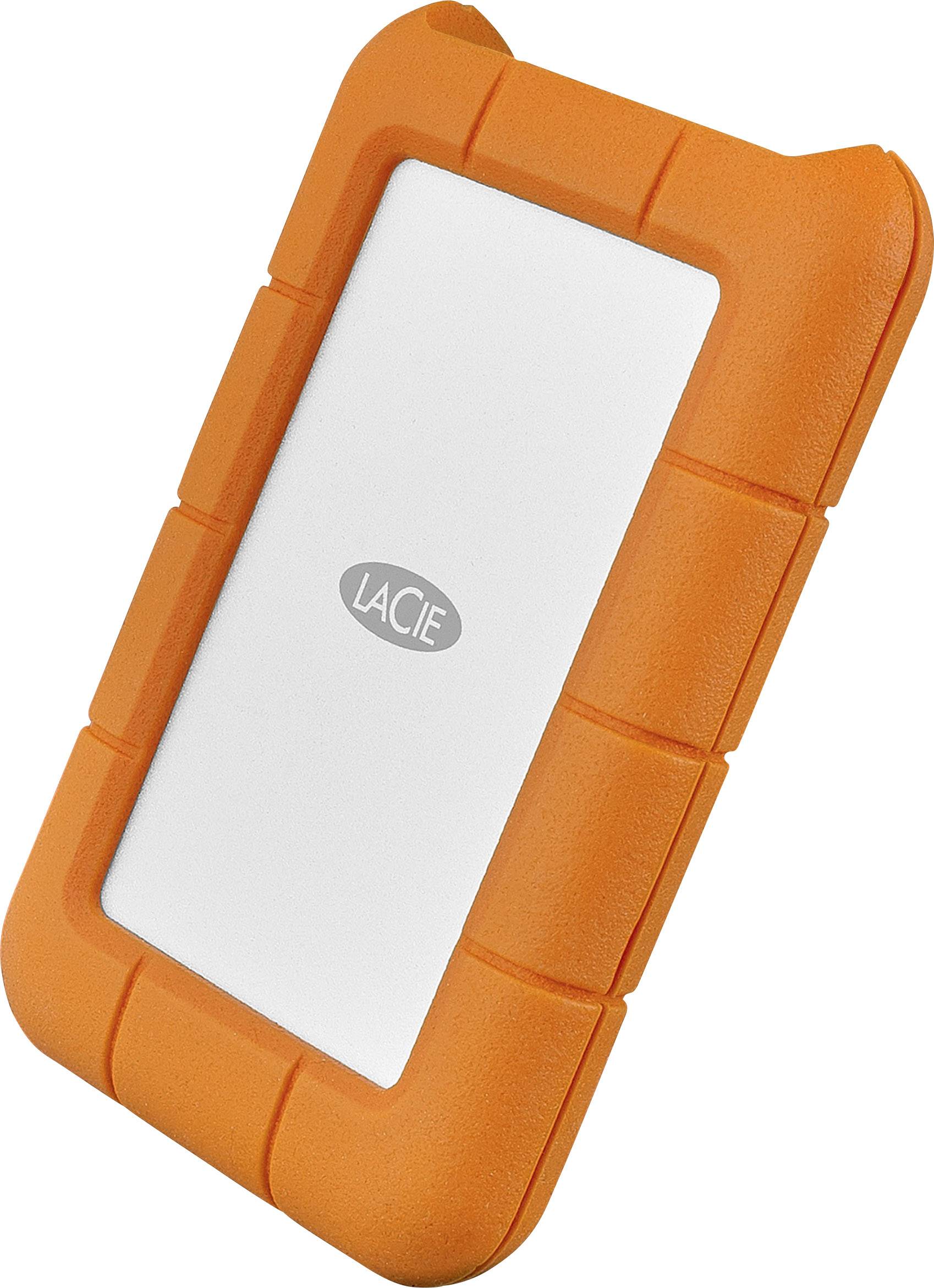Tragbare externe Festplatte mit orangefarbenem Gummigehäuse und silberner Oberfläche, Markenlogo in der Mitte.