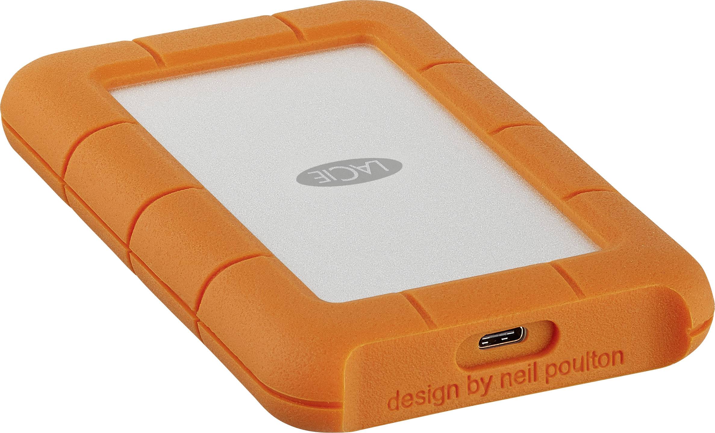 Eine orange externe Festplatte von LaCie mit einem USB-Anschluss. Entworfen von Neil Poulton.