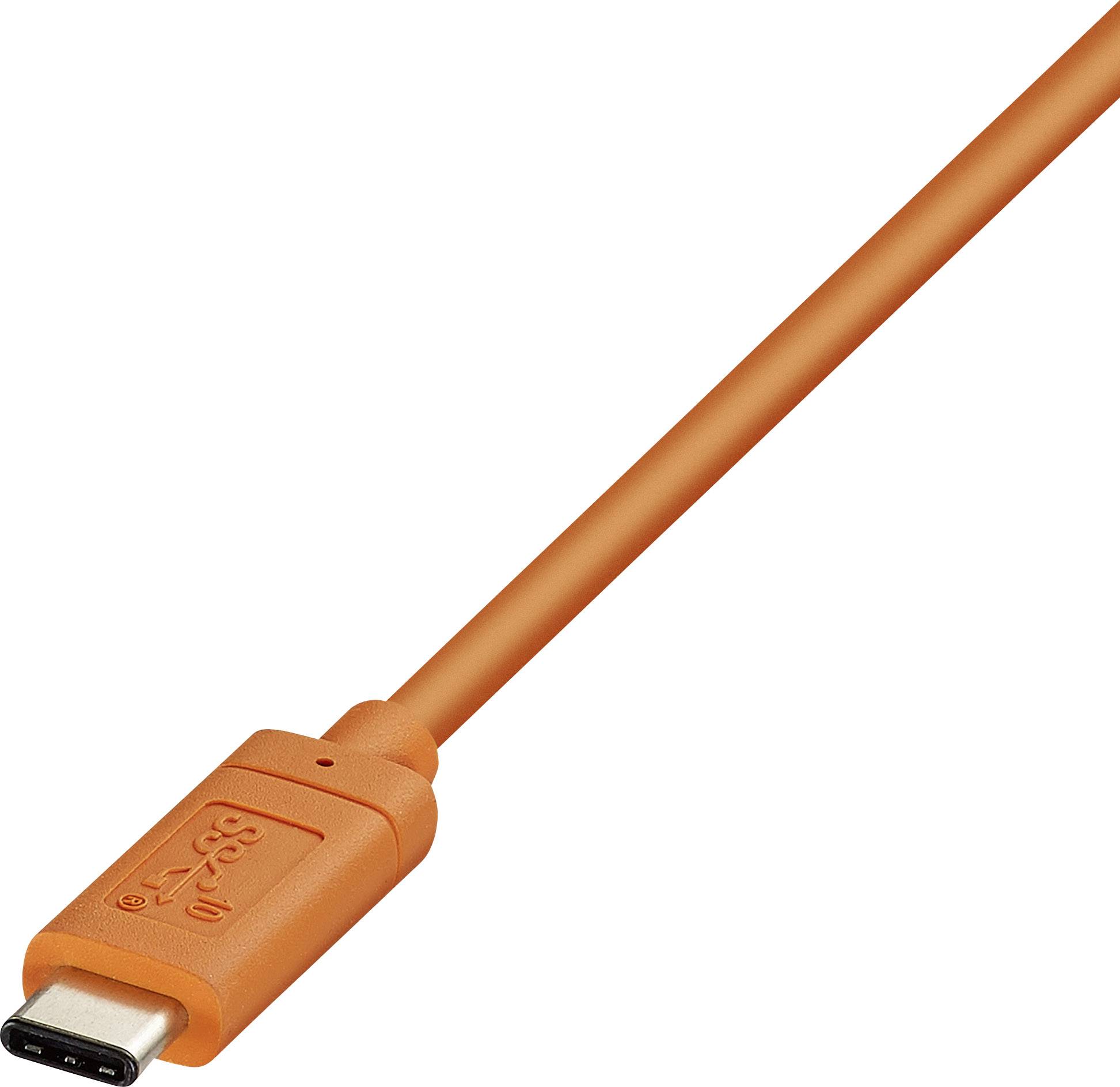Ein orangefarbenes USB-C-Kabel, das zur Datenübertragung und zum Aufladen mobiler Geräte verwendet wird.