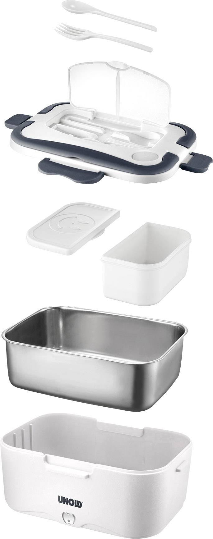 Elektrische Lunchbox mit herausnehmbaren Behältern, Deckel, Besteckfach und integriertem Kabelfach. Verschiedene Komponenten stapelbar.