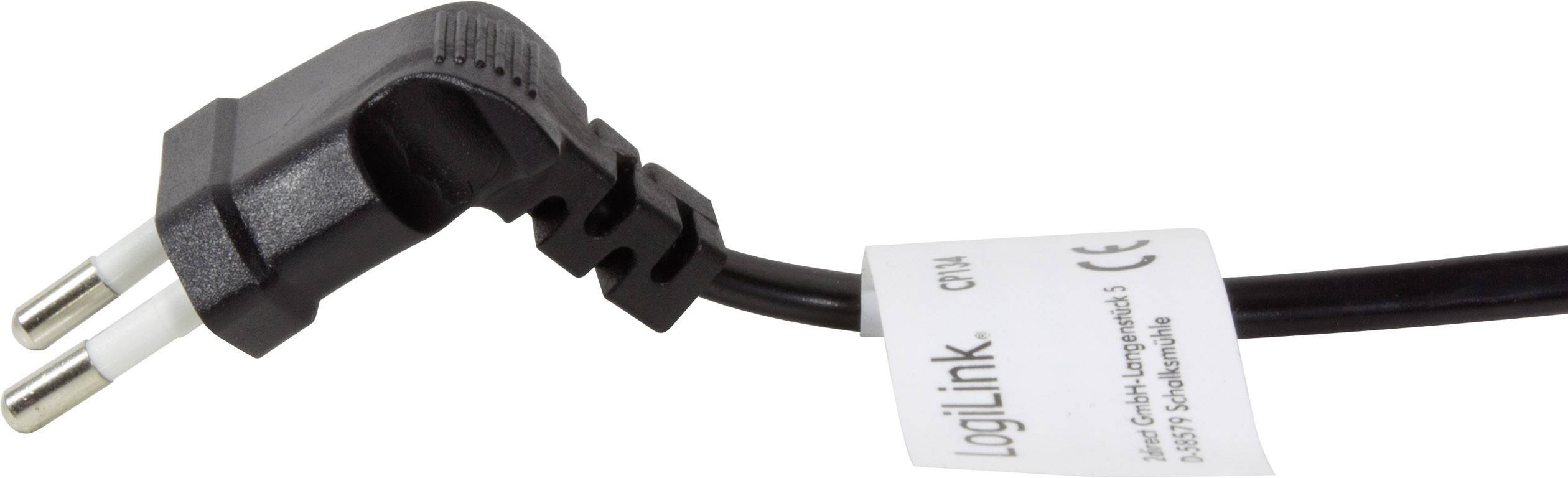 Ein Eurostecker mit einem schwarzen Kabel, auf dem ein Etikett mit der Aufschrift 'LogiLink' angebracht ist.