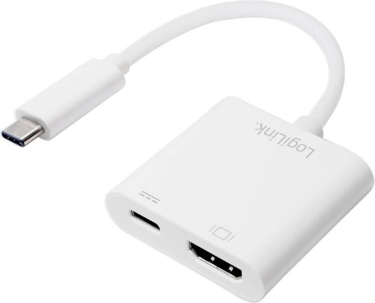 Ein weißer Adapter mit USB-C-Stecker und HDMI- sowie USB-Anschlüssen, geeignet zum Verbinden von Geräten mit unterschiedlichen Schnittstellen.