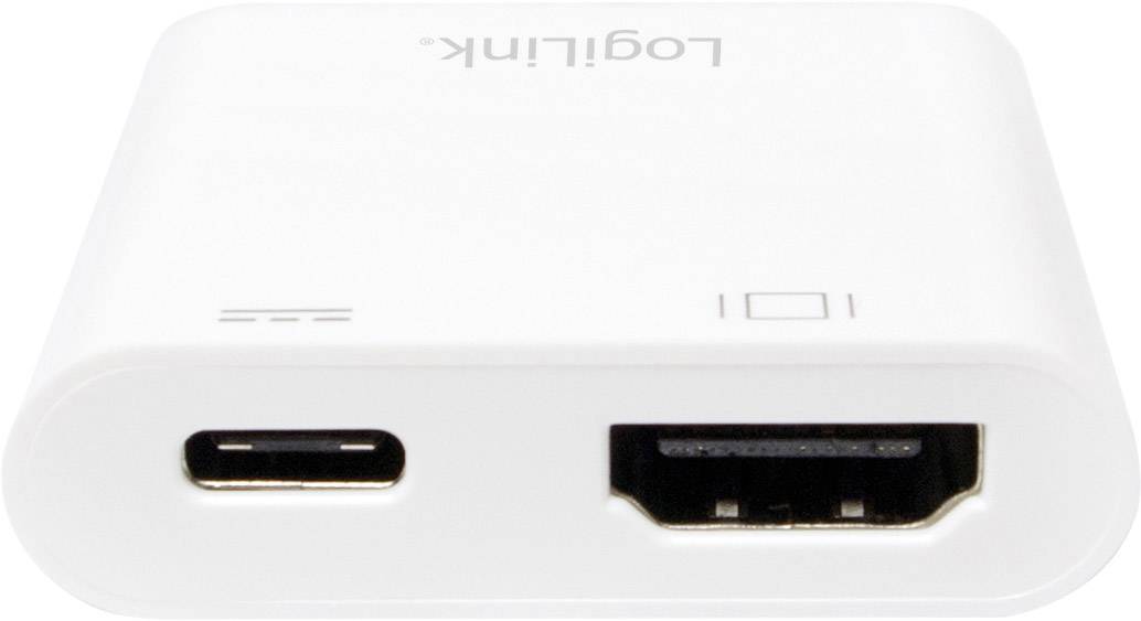 Ein weißer Adapter mit einem USB-C-Anschluss links und einem HDMI-Anschluss rechts, markiert mit einem unkenntlichen Logo oben.