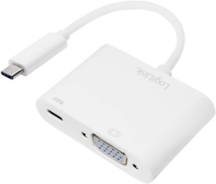 Ein weißer USB-C-zu-VGA-Adapter mit einem eingebauten USB-C-Anschluss, verwendet für das Verbinden von Geräten mit einem VGA-Monitor.
