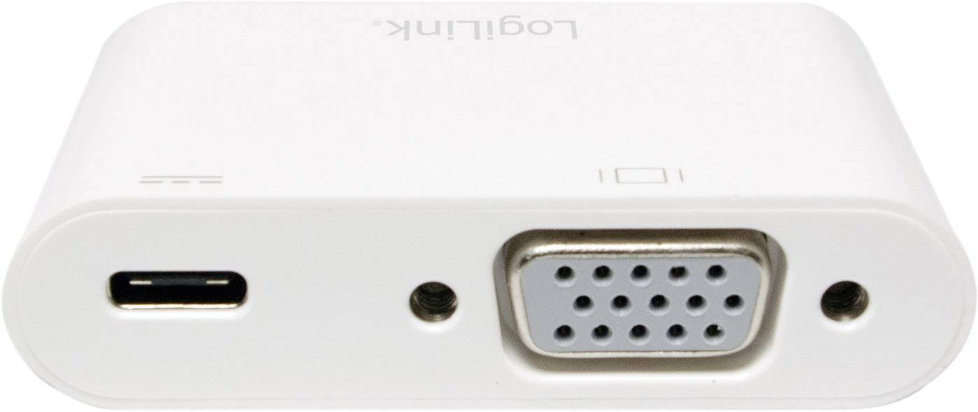 Ein weißer Adapter mit USB-C-Anschluss links und VGA-Anschluss rechts, geeignet zur Verbindung von Geräten mit unterschiedlichen Schnittstellen.