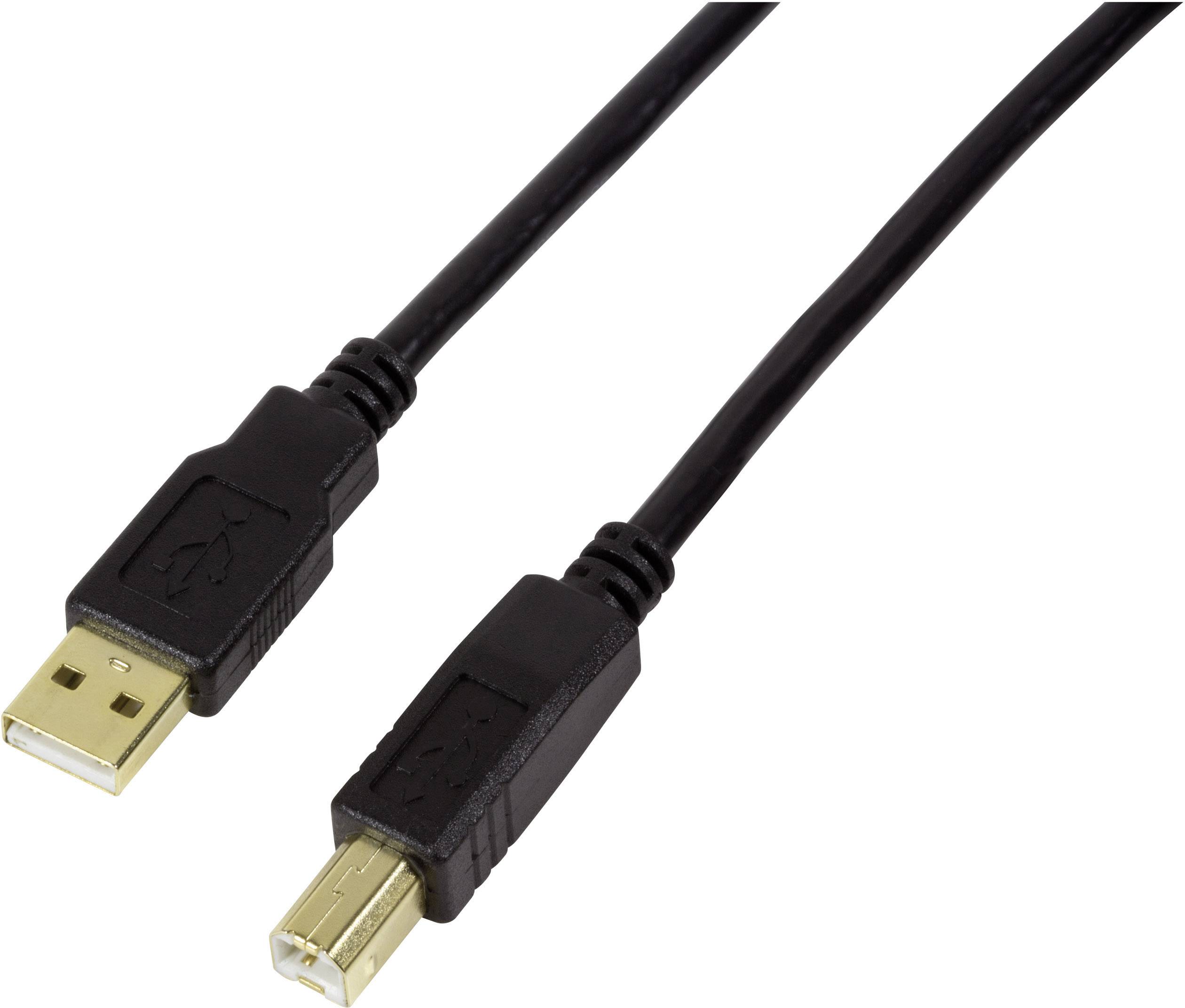 Zwei Kabelstecker: links USB-A, rechts USB-B, beide schwarz und miteinander verbunden.