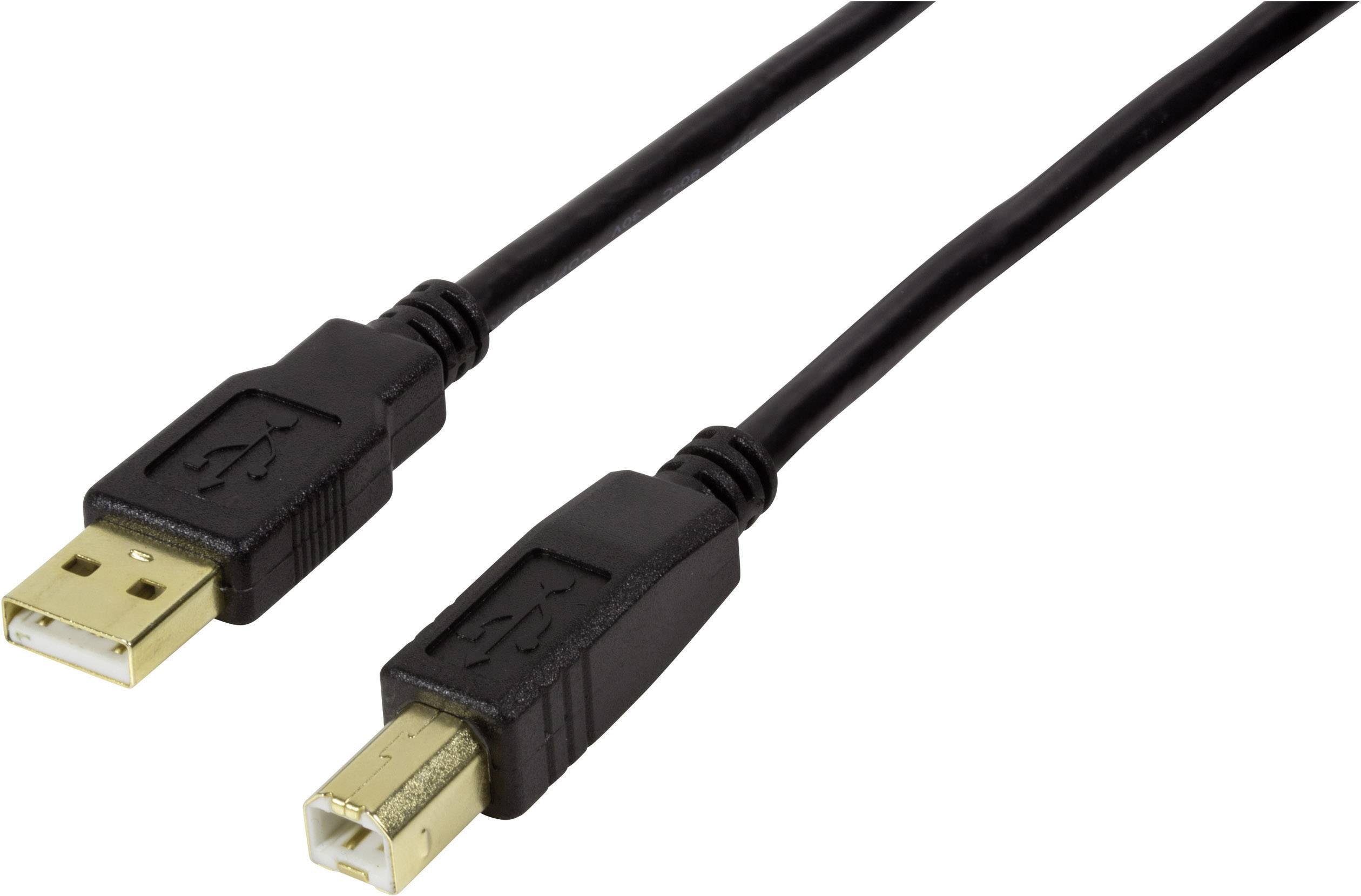 Schwarzes USB-Kabel mit einem USB-A-Stecker und einem USB-B-Stecker, verwendet zum Anschluss von Geräten wie Druckern.