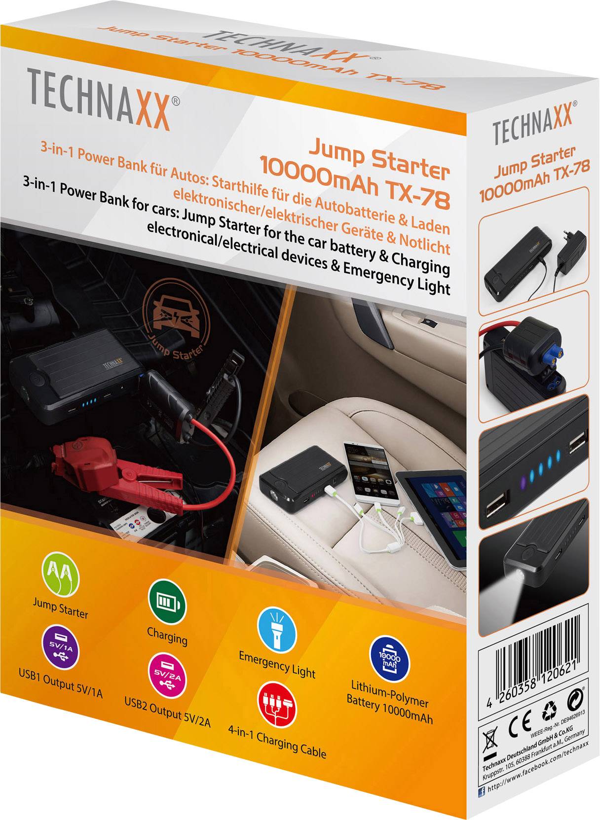 Technaxx Schnellstartsystem Jump Starter 10000mAh TX-78 4640 Starthilfestrom (12 V)=300A