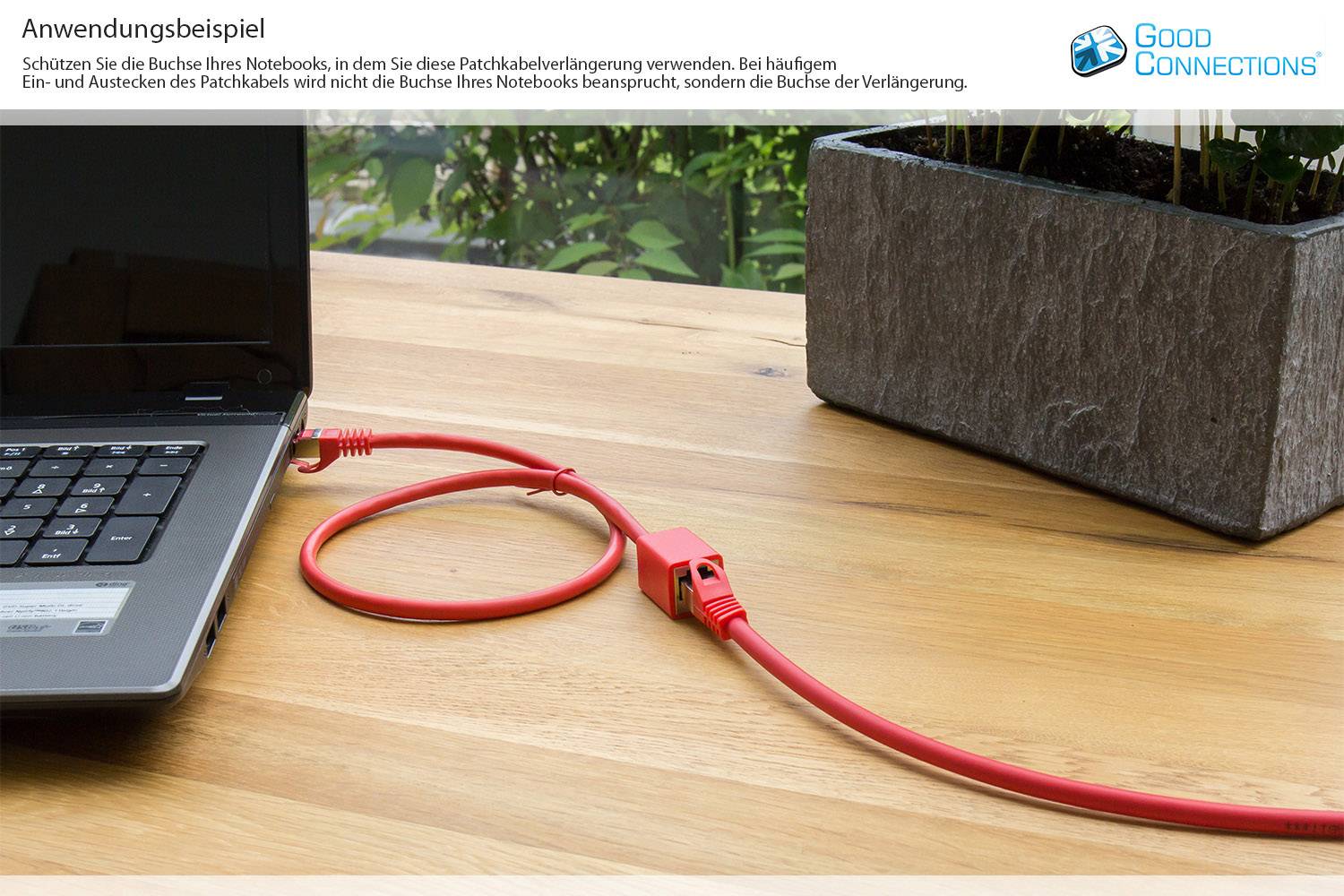 Good Connections® RNS® Patchkabelverlängerung mit Rastnasenschutz, Cat. 6, S/FTP, PiMF, PVC, 250MHz, OFC, CU, rot, 0,5m