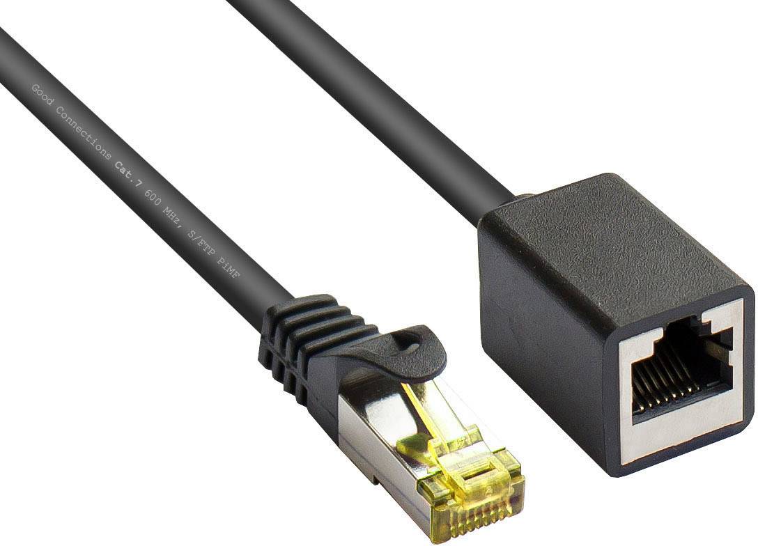 Good Connections® RJ45 Patchkabelverlängerung mit Cat. 7 Rohkabel und Rastnasenschutz, S/FTP, 500MHz, schwarz, 0,5m