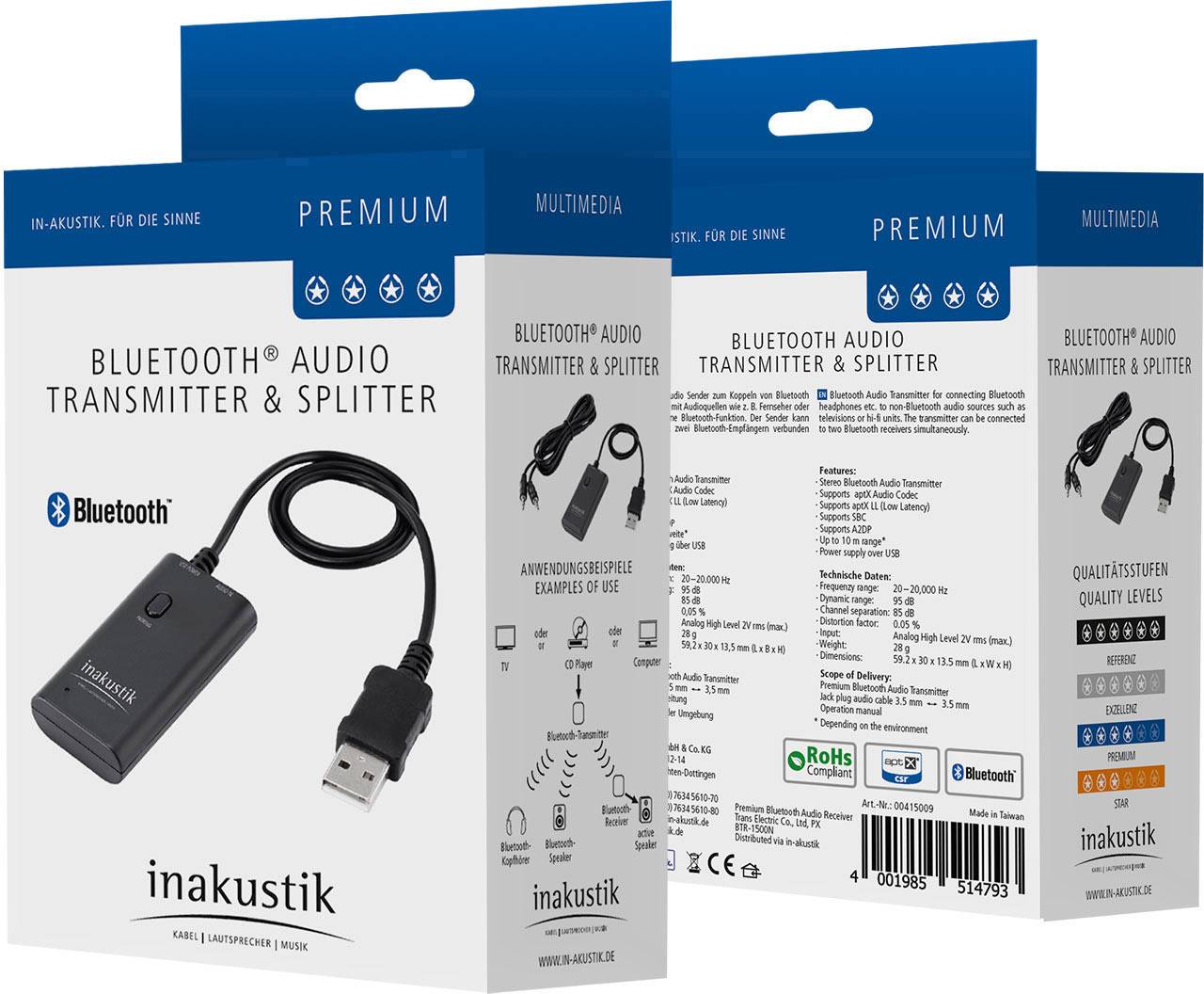 Inakustik Prem. Bluetooth Audio Sender & Splitter Bluetooth® Musik-Sender Bluetooth Version: 3.0 10 m aptX®-Technologie